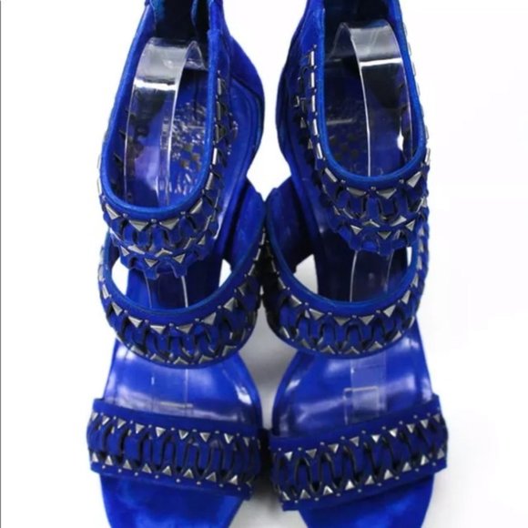 Vince Camuto Suede Open Toe Zip Up Stiletto Blue - Picture 2 of 6